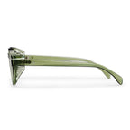 Olive green acetate sunglasses shown in a side profile view against a white background.