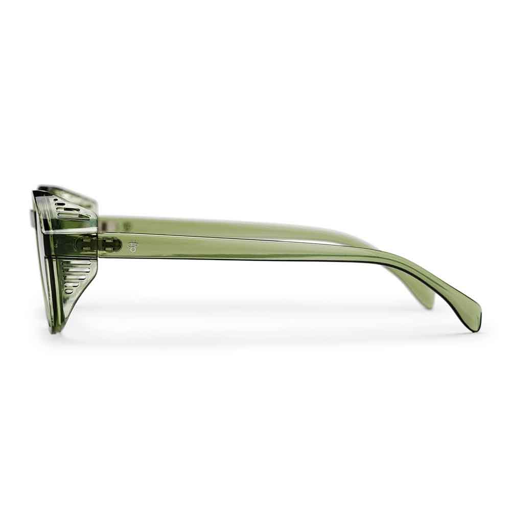 Olive green acetate sunglasses shown in a side profile view against a white background.