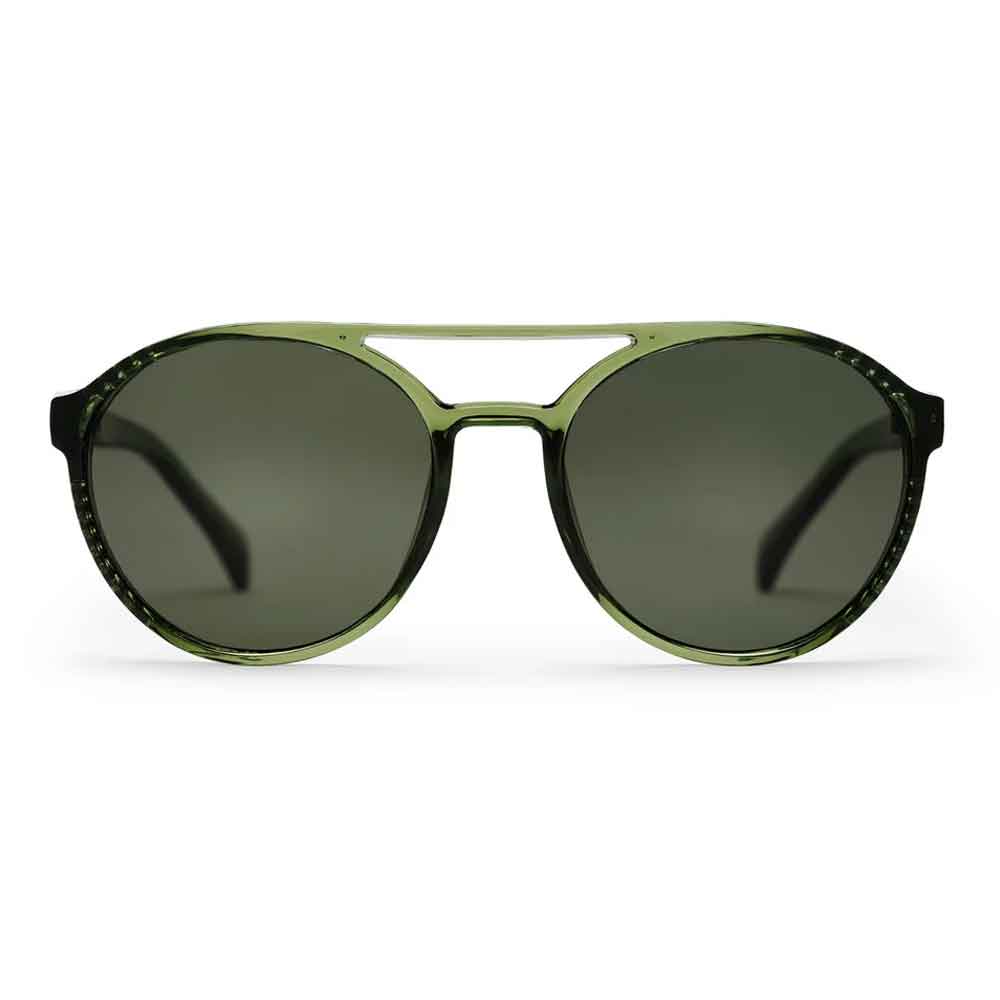 Oversized round sunglasses with a translucent olive green frame and dark green lenses, shown against a plain white background.