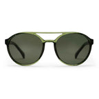 Oversized round sunglasses with a translucent olive green frame and dark green lenses, shown against a plain white background.