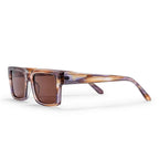 Square sunglasses with a translucent tortoiseshell frame in brown, beige, and purple tones, paired with dark brown lenses, shown against a plain white background.