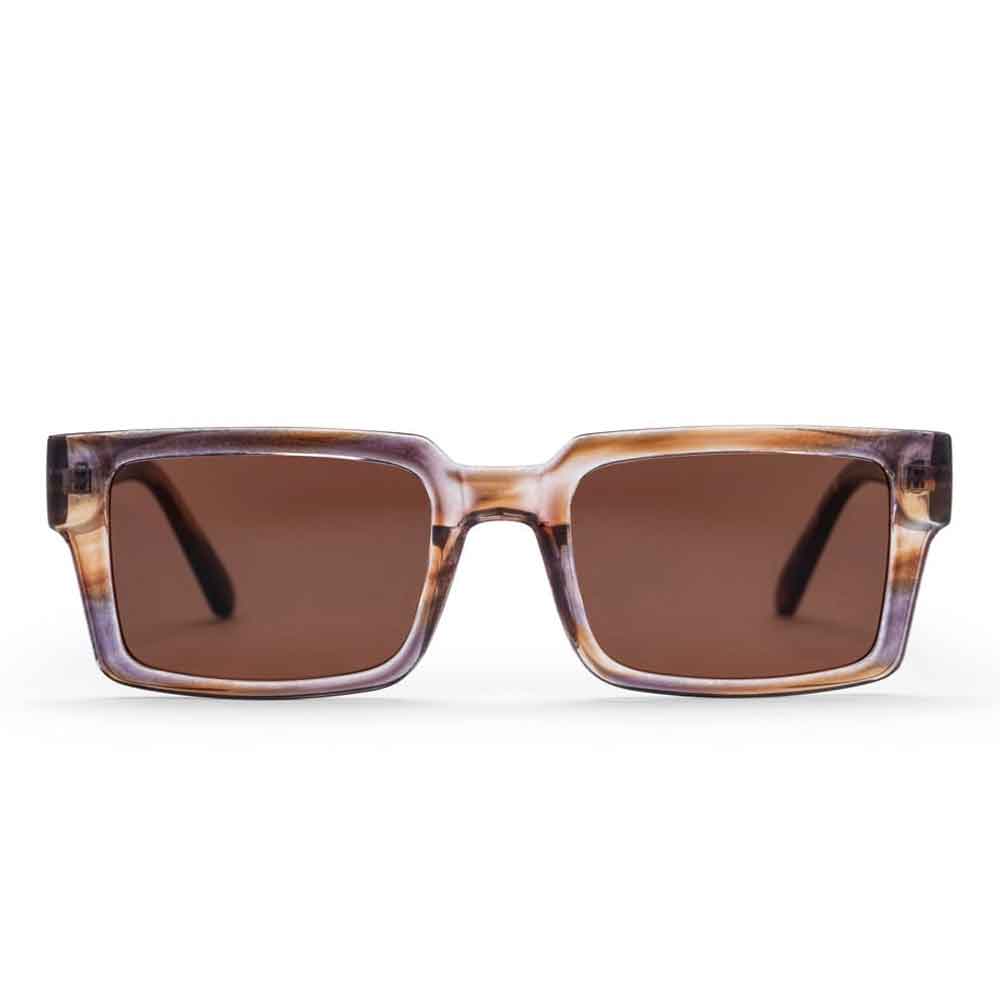 Square sunglasses with a translucent tortoiseshell frame in brown, beige, and purple tones, paired with dark brown lenses, shown against a plain white background.