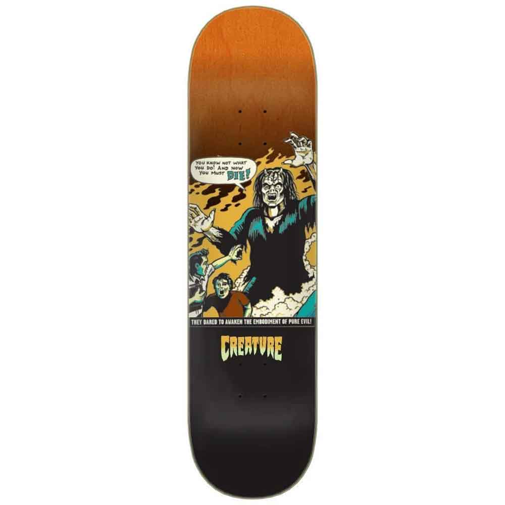 A Creature brand skateboard deck shown vertically against a plain white background. The deck features a classic comic book style graphic with a dark-haired monster, a speech bubble, and the 'CREATURE' logo in yellow at the bottom.