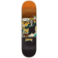 A Creature brand skateboard deck shown vertically against a plain white background. The deck features a classic comic book style graphic with a dark-haired monster, a speech bubble, and the 'CREATURE' logo in yellow at the bottom.