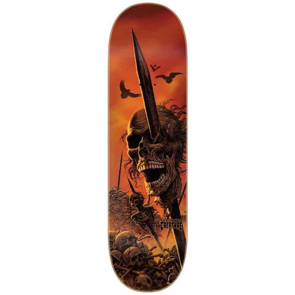 A skateboard deck featuring a graphic illustration of a skull with a sword piercing its head against an orange and red sunset sky with flying birds
