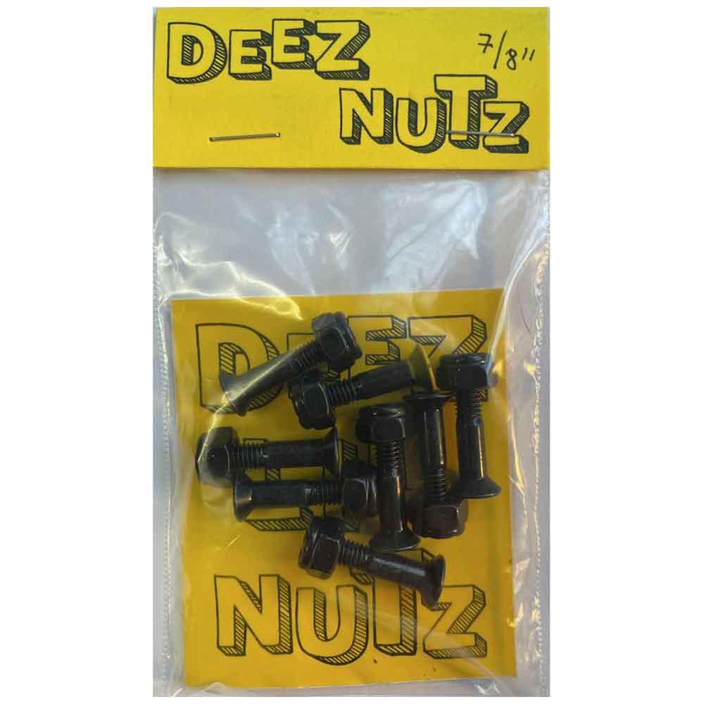 Pack of black metal 7/8-inch screws in a clear plastic bag with a yellow header card labeled 'DEEZ NUTZ'.
