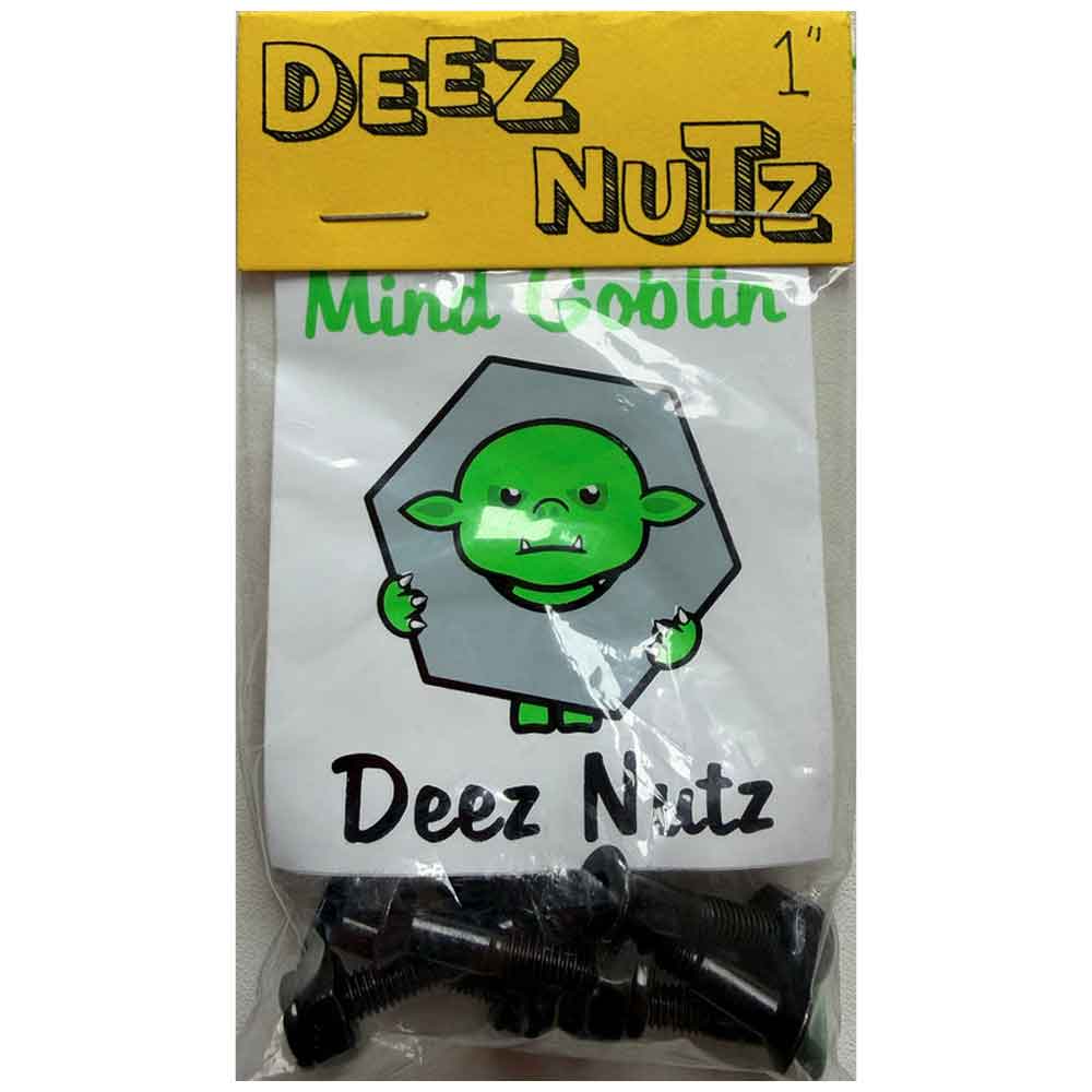 A packaged set of black metal mounting screws or bolts in a clear plastic bag with a yellow header card. The card shows the text 'DEEZ NUTZ' and a cartoon green goblin graphic, with additional text including 'Mind Goblin' and 'Deez Nutz'.
