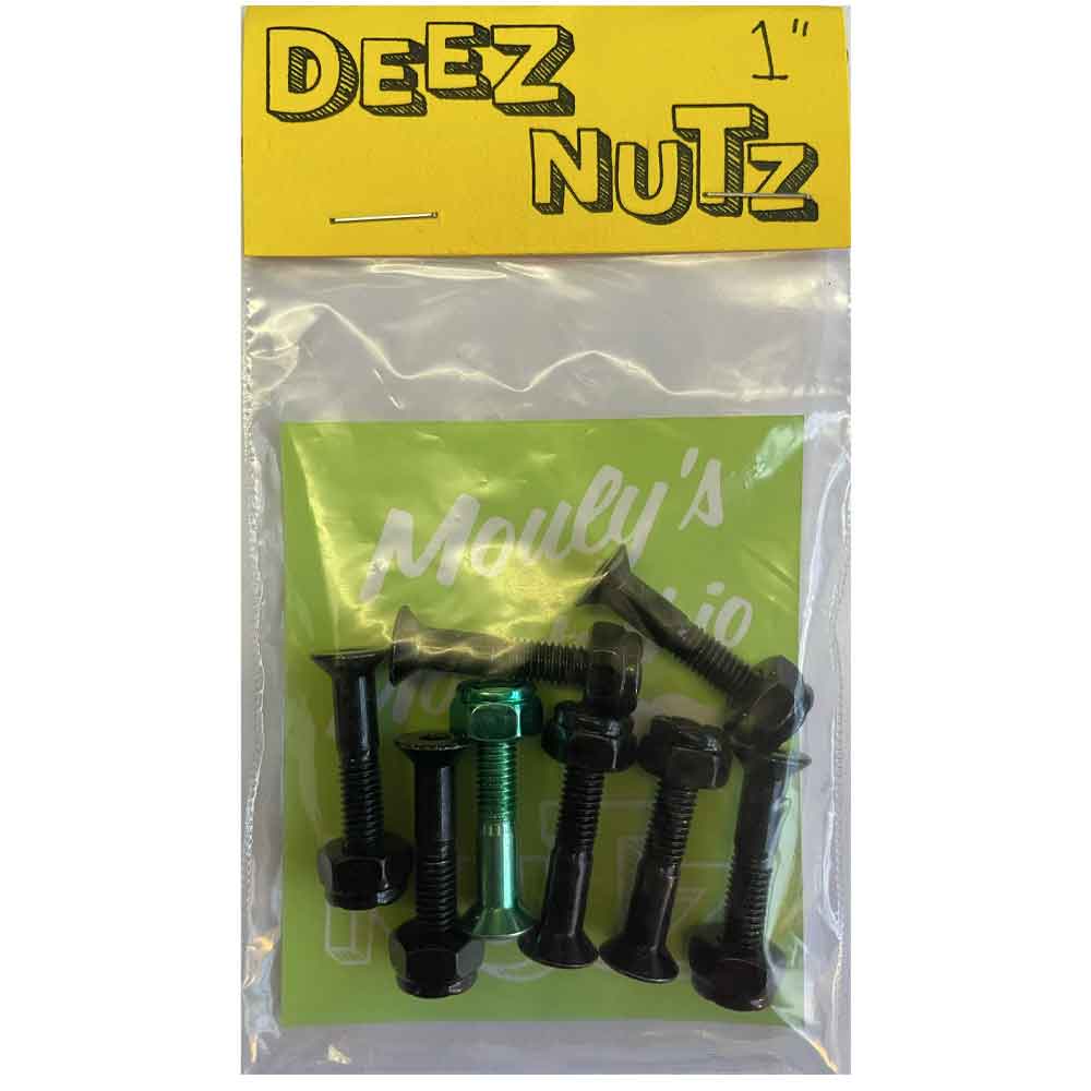 A package of black metal hex bolts with matching nuts, sealed in a clear plastic bag with a yellow header card reading 'DEEZ NUTZ' and a green insert card. One bolt has a green anodized finish.