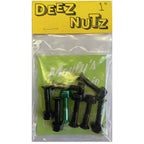 A package of black metal hex bolts with matching nuts, sealed in a clear plastic bag with a yellow header card reading 'DEEZ NUTZ' and a green insert card. One bolt has a green anodized finish.