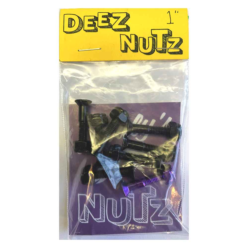 A package of black metal screws and bolts labeled 'DEEZ NUTZ' on a yellow header card, sealed in a clear plastic bag with a purple backing insert.