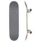 A skateboard shown from two angles on a plain white background: a top-down view of the griped deck on the left and a side profile on the right. The grip tape is dark gray, the deck edge appears light natural wood, and the wheels and trucks are silver with small red and black logo details.