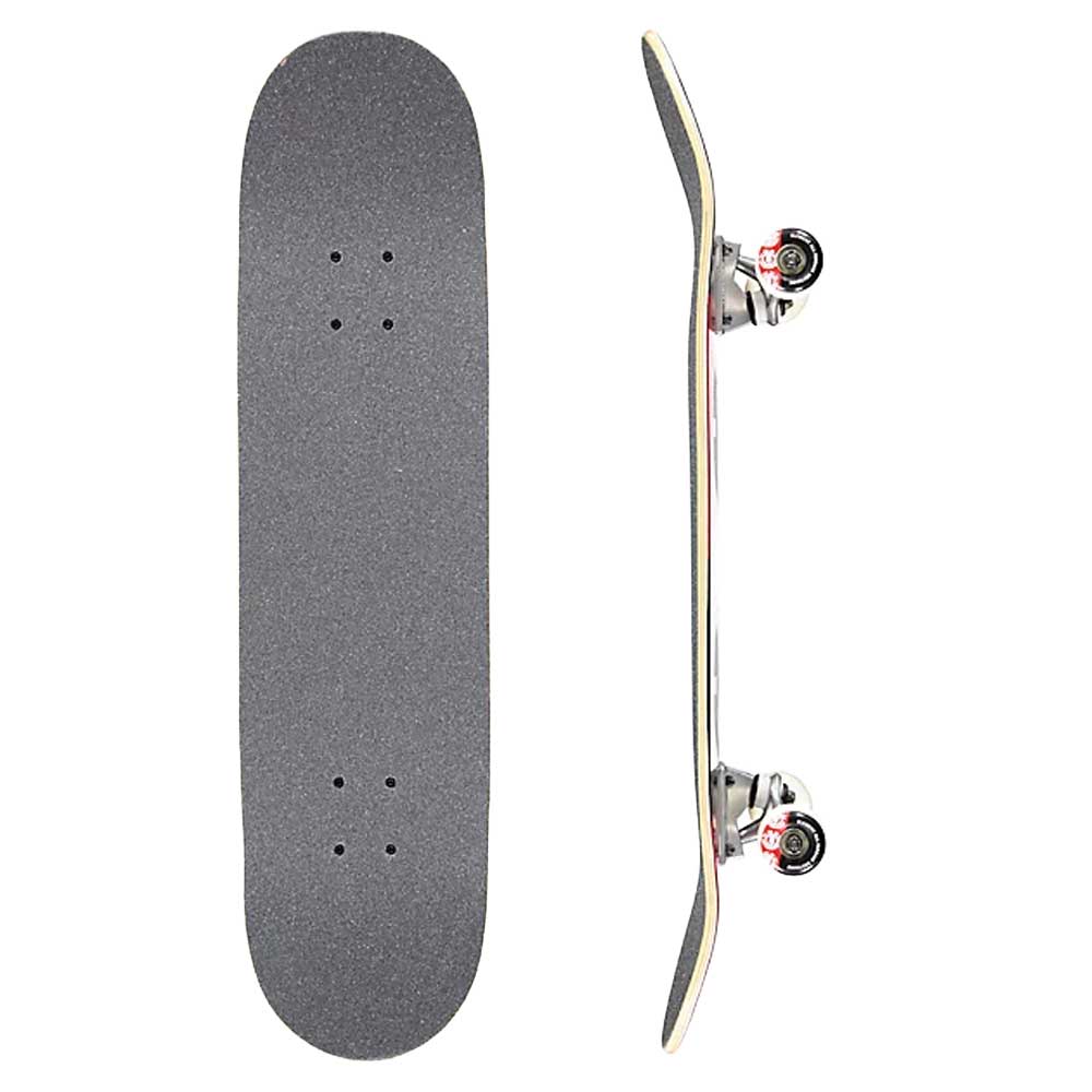 A skateboard shown from two angles on a plain white background: a top-down view of the griped deck on the left and a side profile on the right. The grip tape is dark gray, the deck edge appears light natural wood, and the wheels and trucks are silver with small red and black logo details.