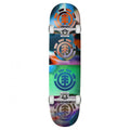 A full-length skateboard featuring a colourful abstract graphic design with three stacked circular Element logo graphics in orange, silver, and blue tones.