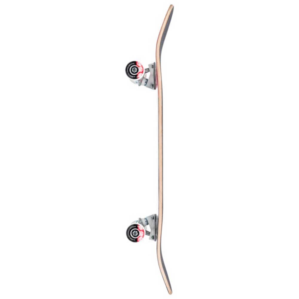 A skateboard deck shown vertically from the side against a plain white background, featuring a light wood grain finish with silver trucks and black wheels with red accents.