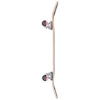 A skateboard deck shown vertically from the side against a plain white background, featuring a light wood grain finish with silver trucks and black wheels with red accents.