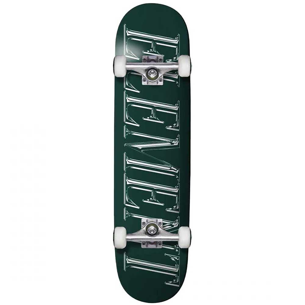 A dark green skateboard deck with a large white graphic design running vertically down the center, shown against a plain white background.