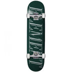 A dark green skateboard deck with a large white graphic design running vertically down the center, shown against a plain white background.