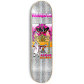 A skateboard deck with a silver diamond-patterned background and a colorful graphic in the center. The graphic features the word 'HEROIN' in pink at the top, a central illustration with a skull and a figure in a white coat, and 'AARON WILSON' in pink and orange at the bottom.