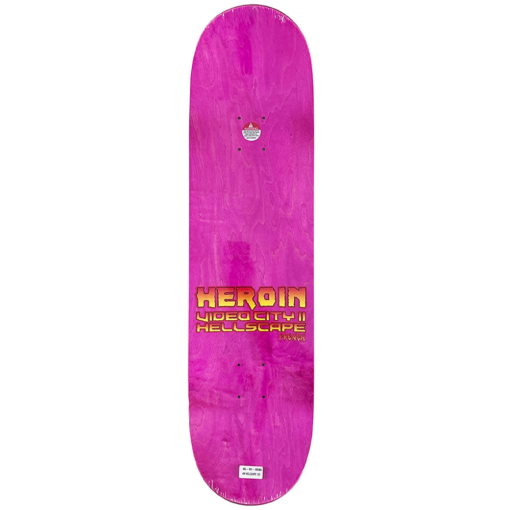 A pink skateboard deck with a prominent yellow and orange 'HEROIN' graphic on the underside, shown against a plain white background.