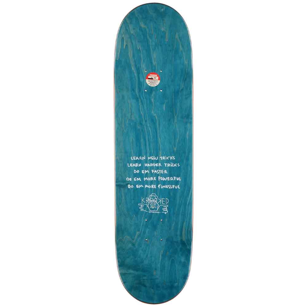 A teal blue wooden skateboard deck with white text and graphics, shown vertically against a plain white background.