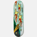 A skateboard deck featuring a surreal art illustration with three yellow birds with red bodies, a green background, and a hand reaching up, shown against a light gray background.