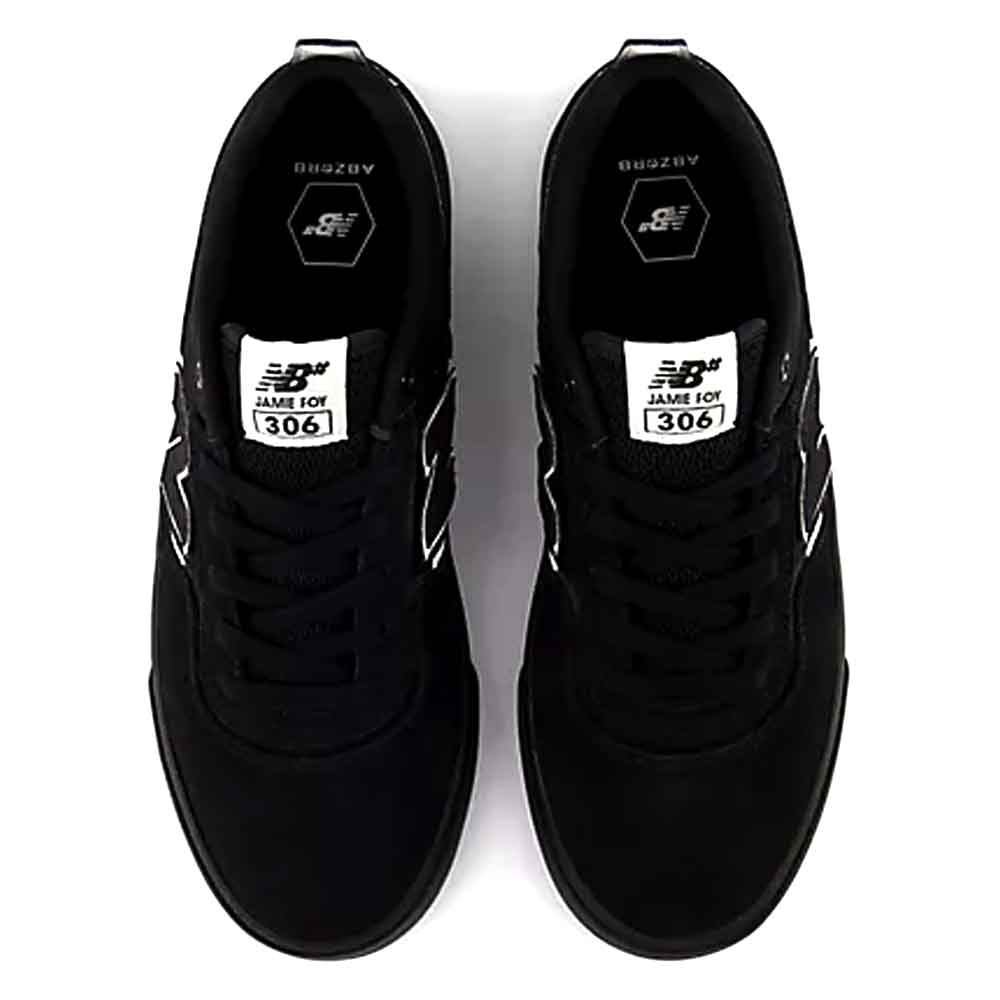A pair of black New Balance 306 sneakers shown from a top-down view on a white background.