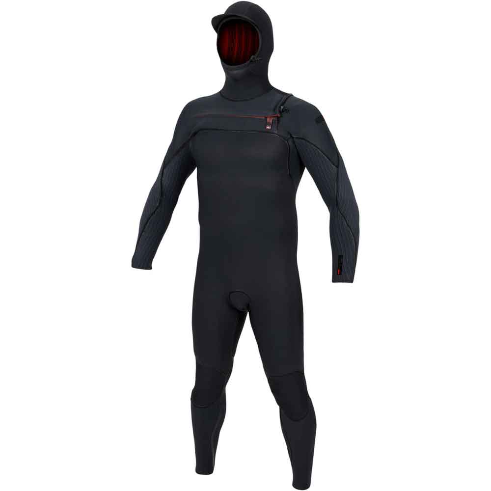A full-body black neoprene wetsuit with a hood. The hood has a red interior lining visible through the face opening, and there is a small red zipper pull detail on the chest.