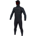 A full-body black neoprene wetsuit with a hood. The hood has a red interior lining visible through the face opening, and there is a small red zipper pull detail on the chest.