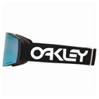 Oakley ski goggles with a black strap featuring a large white OAKLEY logo, and a blue mirrored lens.