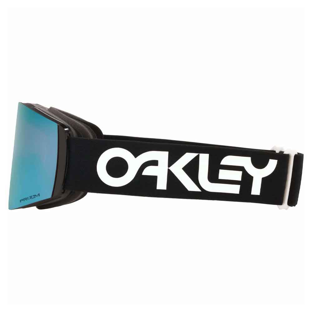 Oakley ski goggles with a black strap featuring a large white OAKLEY logo, and a blue mirrored lens.