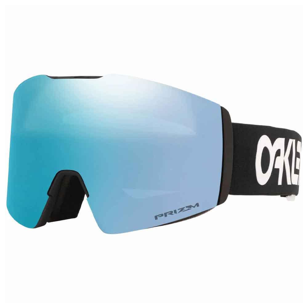 Oakley ski goggles with a large blue mirrored Prizm lens and a black strap featuring a white Oakley logo.