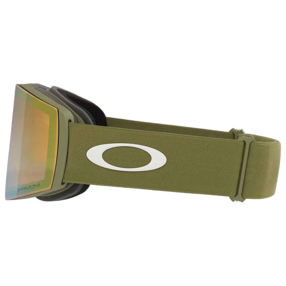 Oakley ski goggles with an olive green strap and frame, featuring a large white Oakley logo on the strap and a mirrored lens showing gold and green iridescence.