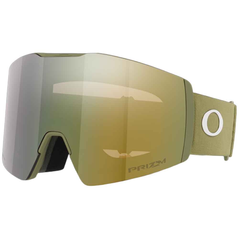 Oakley PRIZM ski goggles with an olive green strap and a large mirrored lens showing a gold-to-gray gradient. The Oakley 'O' logo is visible on the strap, and 'PRIZM' is printed on the lower right of the lens.