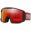 Oakley snow goggles with a red-to-orange mirrored lens, a black frame, and a red strap with a white Oakley logo.