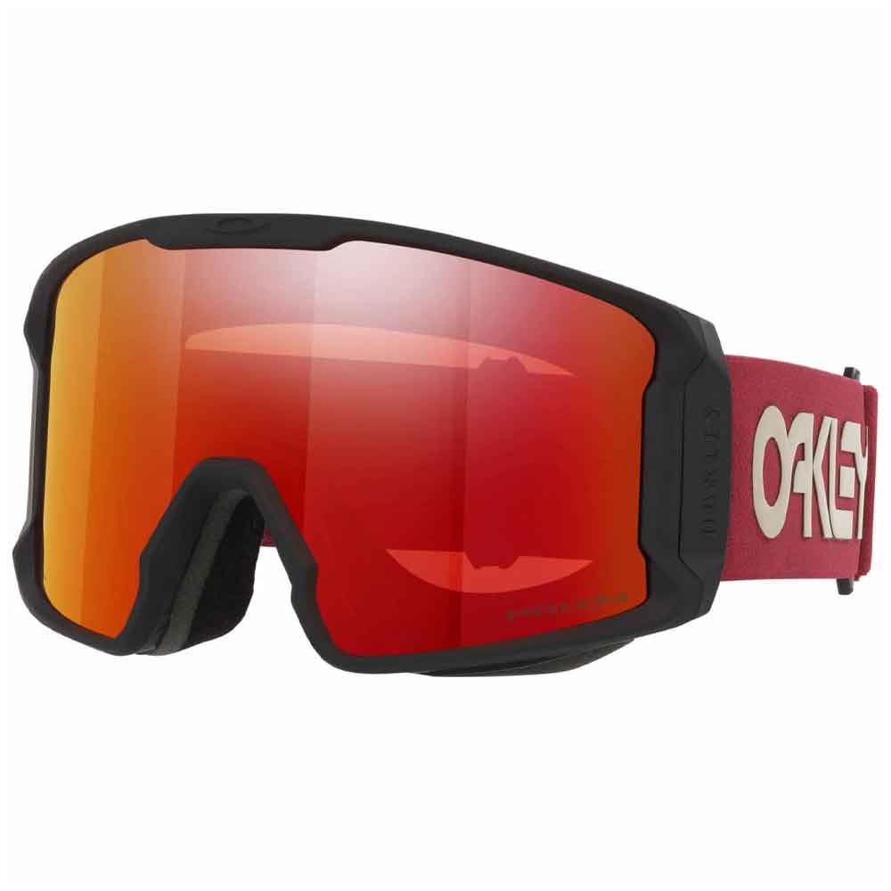 Oakley snow goggles with a red-to-orange mirrored lens, a black frame, and a red strap with a white Oakley logo.