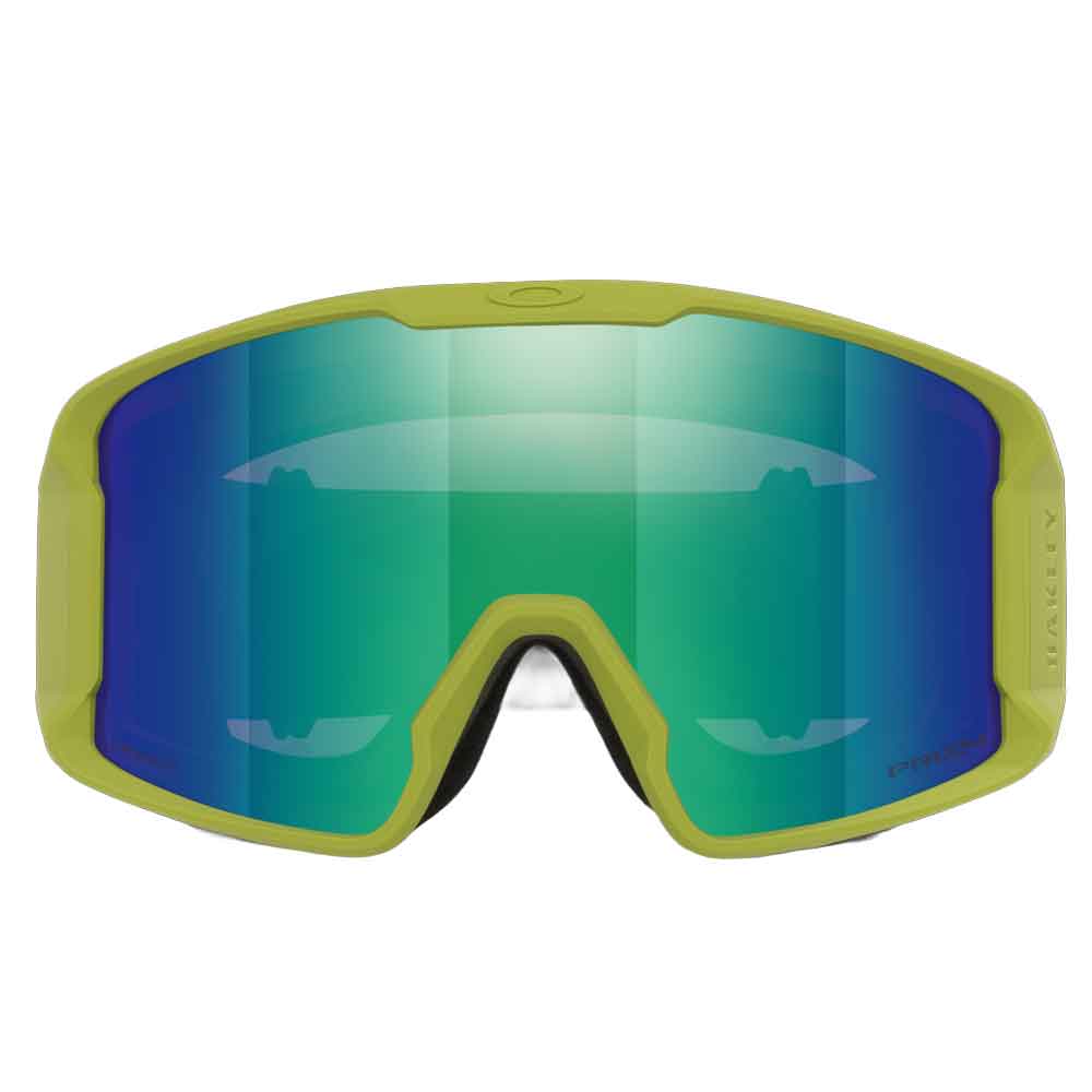 Oakley snow goggles with a bright yellow-green frame and a large mirrored lens showing blue, green, and teal tones, on a plain white background.