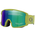 Oakley Prizm snow goggles with a lime green frame and a large green-to-blue mirrored lens, shown on a white background.