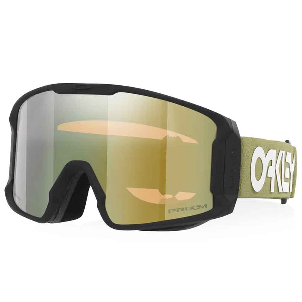 Oakley ski goggles with a black frame, a large gold-tinted Prizm lens, and an olive green strap featuring a white Oakley logo.