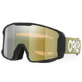 Oakley ski goggles with a black frame, a large gold-tinted Prizm lens, and an olive green strap featuring a white Oakley logo.