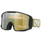Oakley ski goggles with a black frame, a large gold-tinted Prizm lens, and an olive green strap featuring a white Oakley logo.