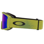 Oakley ski goggles with a lime green and blue patterned strap, black frame, and a blue-to-purple mirrored lens, shown against a plain white background.