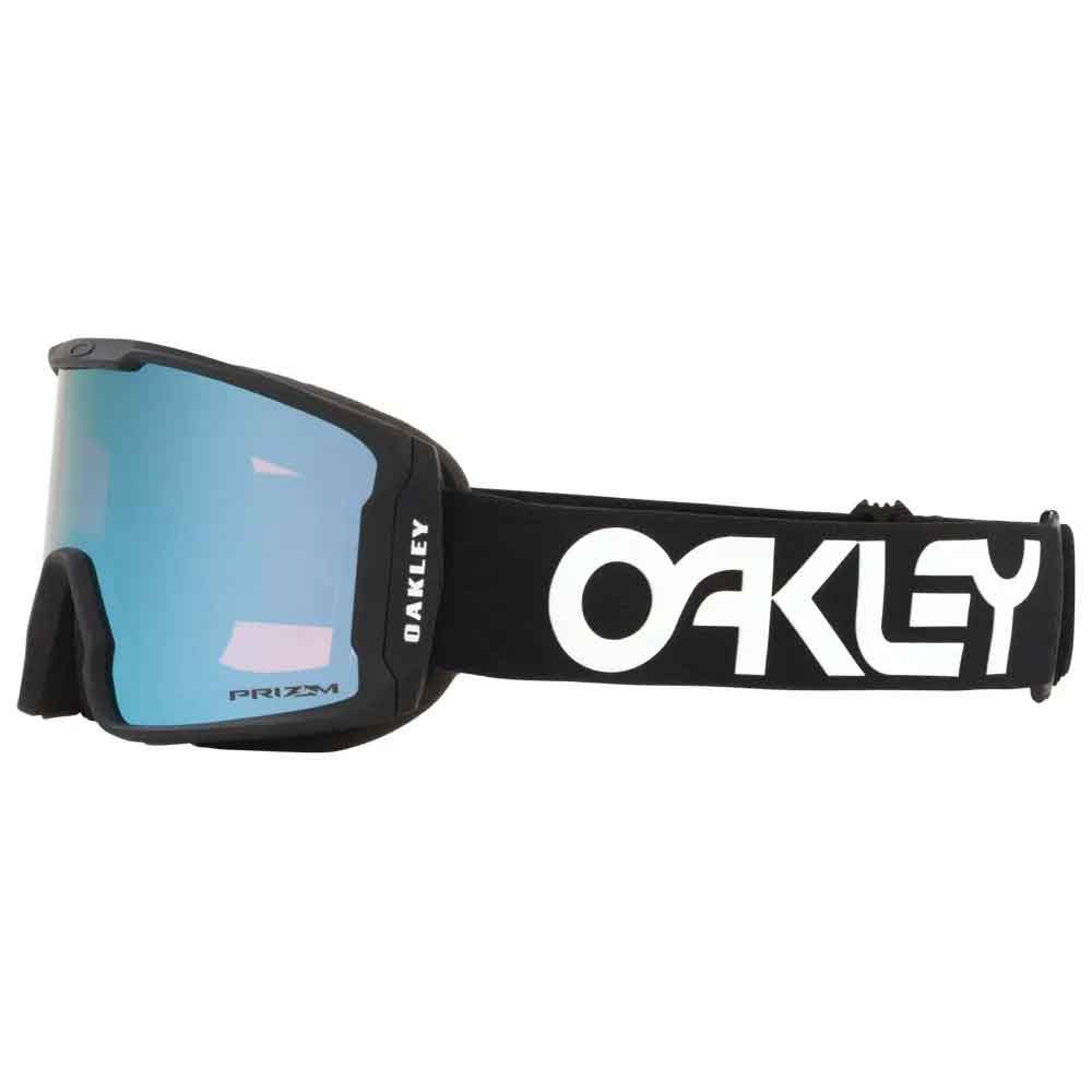 Oakley goggles with blue lens and black frame on a white background