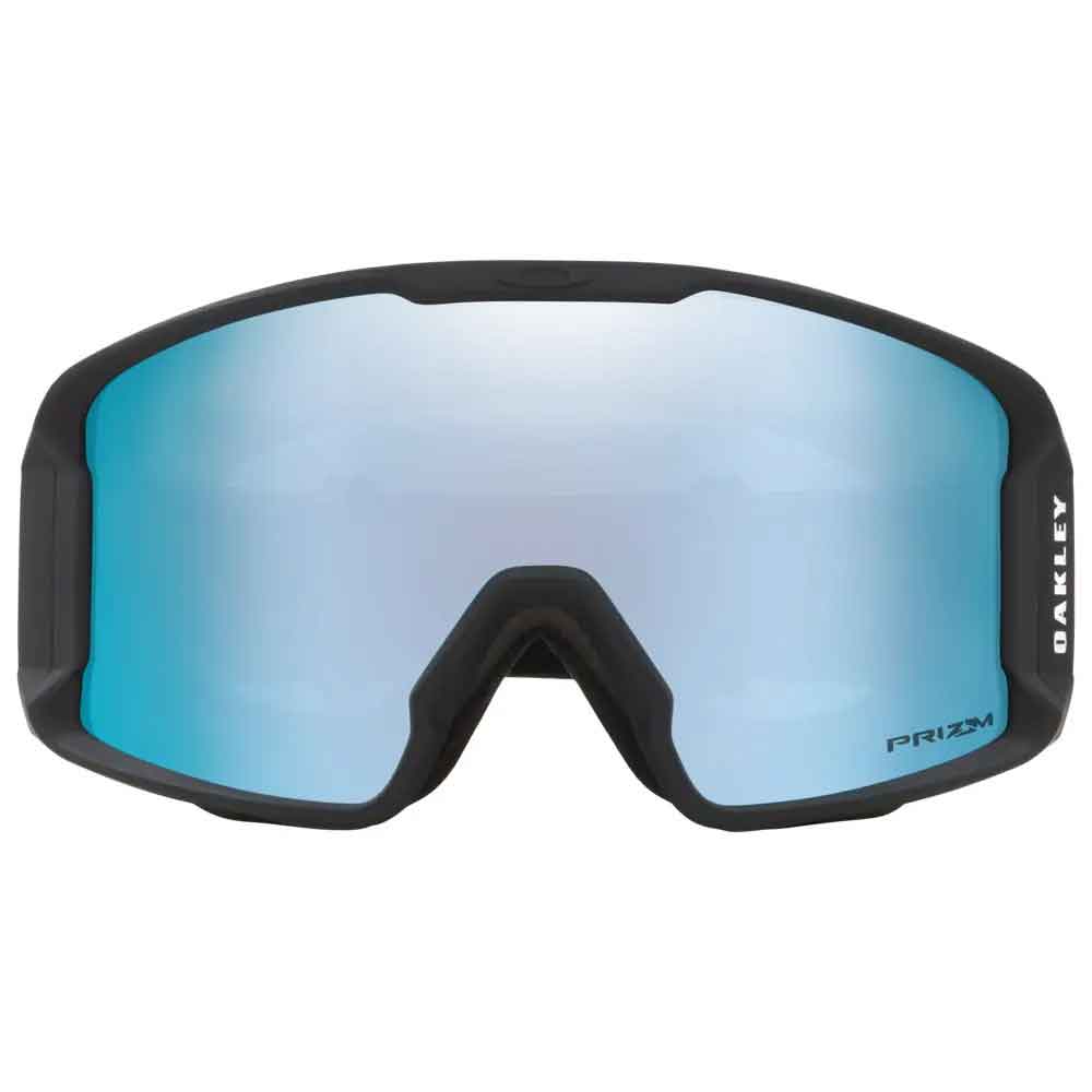 Oakley ski goggles with a matte black frame and a large blue mirrored Prizm lens, shown against a plain white background.