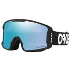 Oakley ski goggles with a black frame and strap, featuring a blue mirrored PRIZM lens.