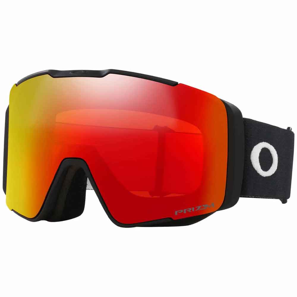 Ski goggles with red lens and black frame on a white background