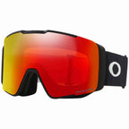 Ski goggles with red lens and black frame on a white background