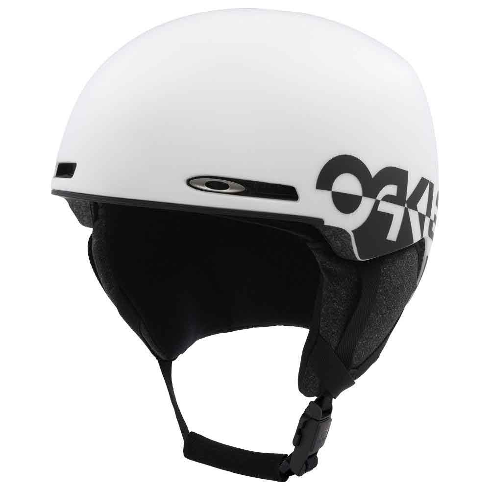 A white Oakley ski helmet with a black interior padding and a large black Oakley logo on the side, shown against a plain white background.