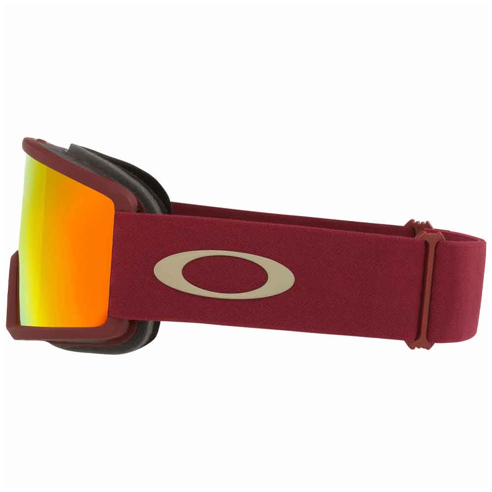 Oakley ski goggles with a burgundy strap, a beige Oakley logo, and a reflective orange-to-yellow mirrored lens.