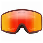 Oakley ski goggles with a matte dark red/burgundy frame and a large orange-to-red gradient lens, shown against a plain white background.