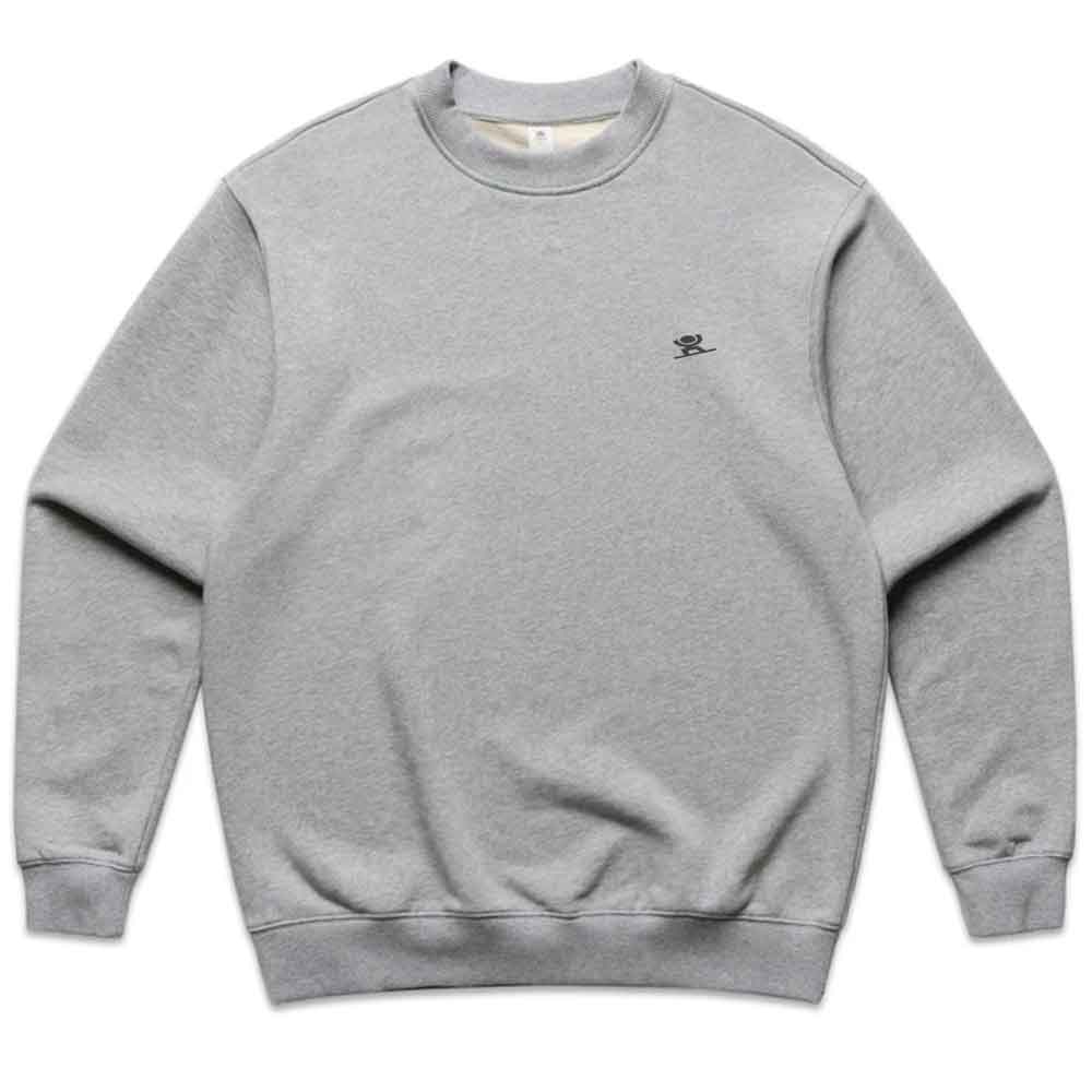 A light gray heather crewneck sweatshirt with a small black embroidered logo on the left chest, displayed flat against a white background.